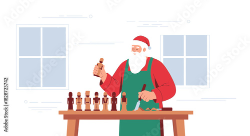 Santa Claus in workshop crafting wooden toy soldiers for Christmas giving season