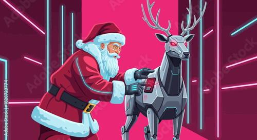 Santa Claus in futuristic environment interacts with a robotic reindeer with neon light accents