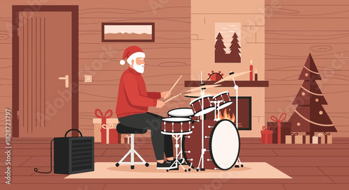 Santa Claus playing drums during Christmas season in a cozy interior setup filled with holiday