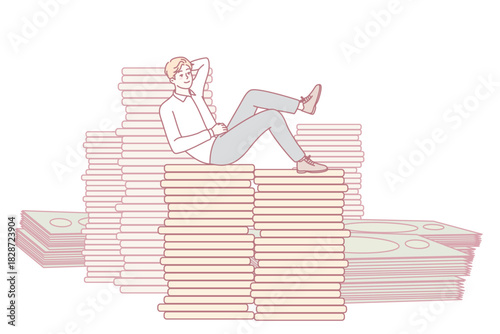 Happy successful businessman sitting on money stacks. Smiling man feel overjoyed with financial stability or wealth. Investment and finances. Vector illustration.