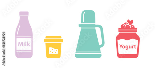 A colorful guide on how to make thermos yogurt, recipe included. Steps to prepare your own homemade fermented dairy treat.Fun flat vector icons in different colors.
