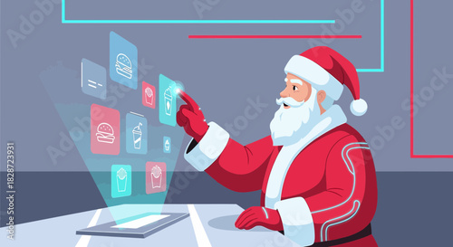 Santa Claus using futuristic technology to order fast food online for christmas eve
