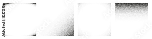 Noise spray frames set. Square gradient borders with dots. Overlays with grain effect. Dot dissolve gritty monochrome texture. Gray stipple vector pattern