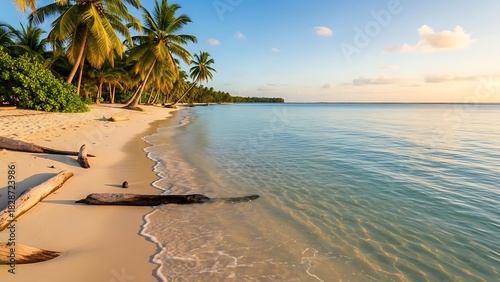 Fototapeta Naklejka Na Ścianę i Meble -  Tropical beach paradise with palm trees and turquoise water at sunset