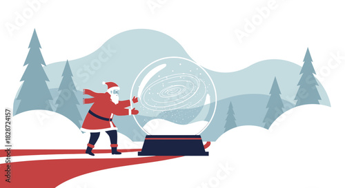 Santa's galactic globe balancing act amidst a snowy winter wonderland illustration
