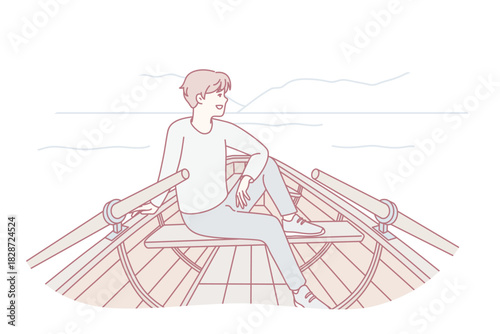 Youth in vessel exploring waters, Solitary rower peacefully drifting across early morning lake scene, Single enthusiast maneuvering wooden craft across calm waters as sunrise illuminates horizon
