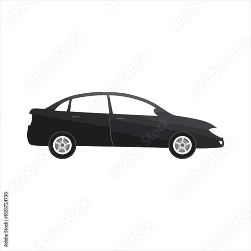 A simple vector illustration of a black sedan car. This flat design automobile is isolated on a white background, showing a side profile view of the vehicle