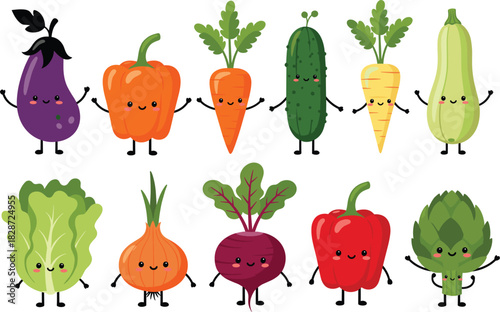 Cute kawaii vegetable characters including eggplant, pepper, carrot, cucumber, parsnip, zucchini, lettuce, onion, beet, and artichoke.