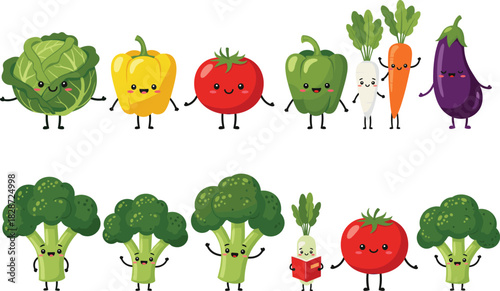 Cute colorful vegetable characters including cabbage, peppers, tomato, radish, carrot, eggplant, and broccoli in fun kawaii style.