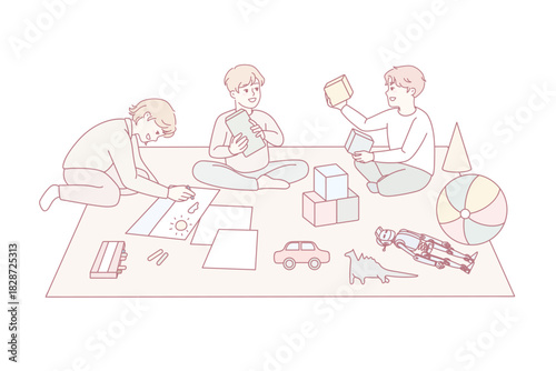 Happy kids sitting on floor playing with toys together. Smiling children have fun enjoy game activity in group. Childhood. Vector illustration.