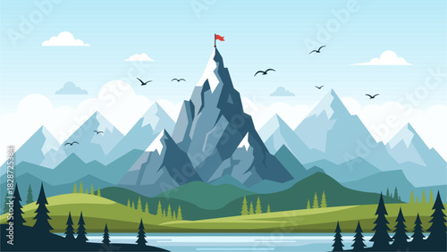 Majestic Mountain Peak Landscape with Lake and Pine Forest – Flat Vector Illustration