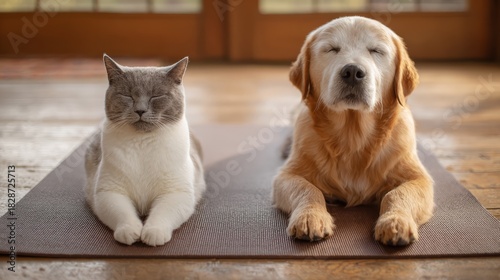 Cat and dog meditating on yoga mat together