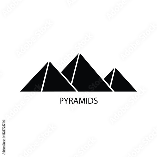 Minimal black silhouette of the Egyptian Pyramids on a clean white background, flat modern vector illustration of the iconic ancient desert landmark of Giza