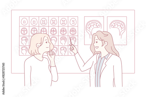 two female neurologists reviewing brain scans, pointing at mri film, calm professional consultation