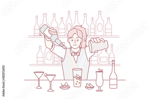 Young woman making cocktails at bar. Happy female barmen mix alcohol preparing beverage or drink in restaurant. Vector illustration.