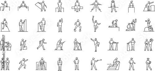 Businessman outline activity icons, line art people, working character poses, leadership training, teamwork sketch style, career development illustrations, business movement figures vector set