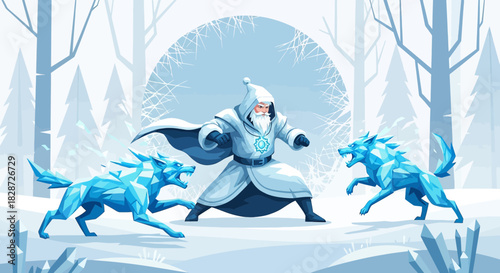 A winter wizard preparing to battle two icy, crystalline wolves in a snow covered forest landscape