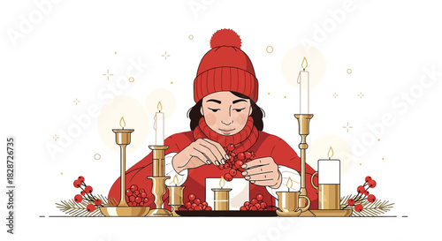 A woman in red arranging berries amidst glowing candles creates a festive ambiance