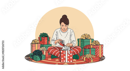 A woman is wrapping gifts, surrounded by gifts on a festive christmas time in the air