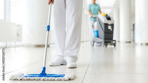 A professional cleaner mops the gleaming floor of a modern building hallway, ensuring a pristine and hygienic environment, with another cleaning staff member nearby