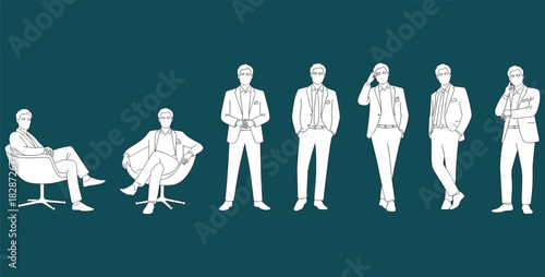 Businessmen in formal suits sitting and standing in modern office postures, line art illustration, professional corporate attire, minimal design.