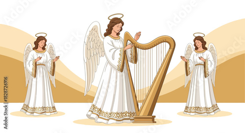 Angelic Harmony: Three Angels, Golden Halos, Delicate Wings, and a Harp Serenade against a Simple