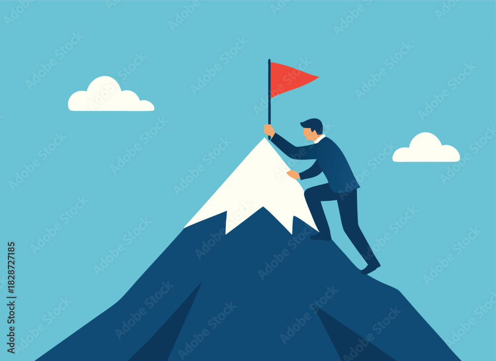 Fototapeta premium Businessman planting red flag on mountain peak, achieving success