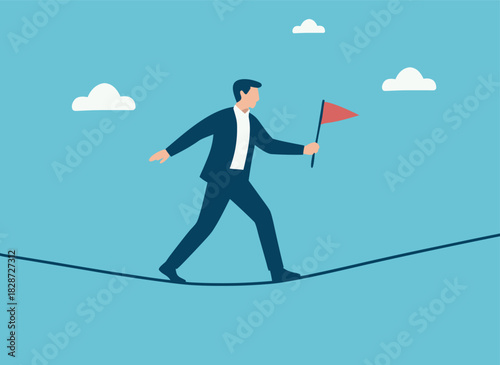 Businessman balancing on tightrope, holding red flag, a symbol of risk