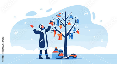 Community winter wardrobe distribution in a snowy landscape offering warm clothes for warmth and