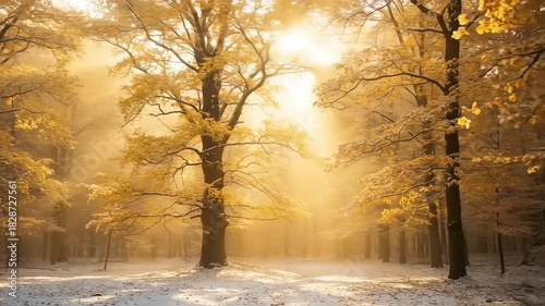 Enchanting Sunlight Filtering Through Golden Autumn Trees in Snowy Forest Landscape