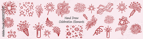 Illustration of hand drawn fireworks, stars, and celebration elements in red on a light pink background