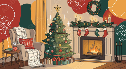 Cozy christmas scene illustration with a festive fireplace and christmas tree setting
