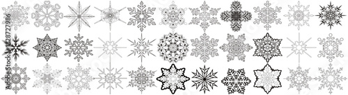 A collection of thirty six unique snowflake designs arranged in a rectangular grid pattern on white