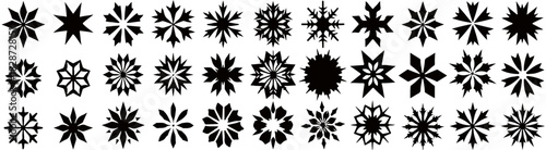 Collection of thirty six black and white snowflake designs arranged in a rectangular grid pattern