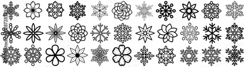 Various black and white line art designs of snowflakes and flower shapes arranged in rows and columns