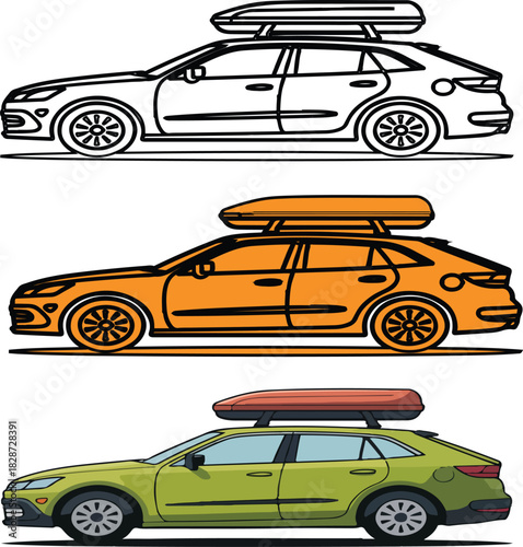 Three Cartoon Cars with Roof Boxes Illustration for Travel Adventures