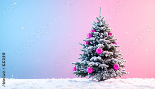 Festive Snow- Covered Christmas Tree with Pink Ornaments and Falling Snow Keywords: christmas
