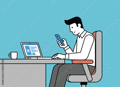 Professional man multitasking with laptop and smartphone at desk.