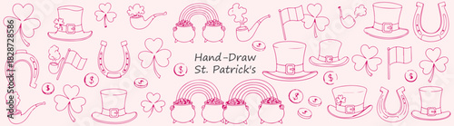 St patrick's day themed pattern with hats, clovers, horseshoes, and pots of gold in pink outline