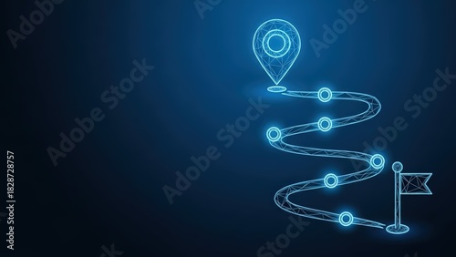 Digital navigation pin marking a route with glowing waypoints on a dark abstract background