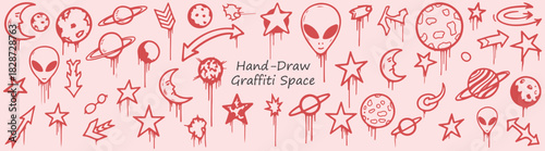 Hand drawn graffiti style space elements including planets aliens stars arrows and moons on pink background