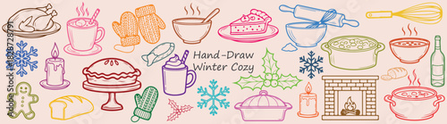 Hand drawn winter cozy elements featuring food, drinks, and seasonal items in a colorful illustration