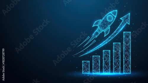 Fototapeta Naklejka Na Ścianę i Meble -  Digital rocket ship blasting off over rising business growth chart