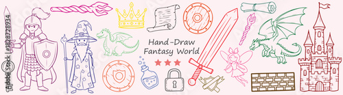 Hand drawn fantasy world illustration featuring knight wizard dragon castle fairy and various fantasy elements