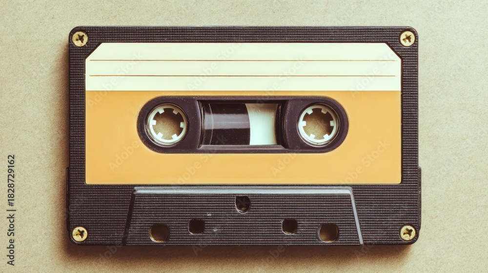 Obraz premium Vintage compact cassette tape isolated on soft neutral background, evoking retro music nostalgia.