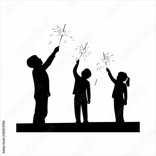 Children Playing Sparklers Silhouette Vector Illustration, design concept new year