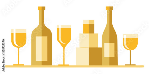 Celebration with champagne bottles and glasses on white background