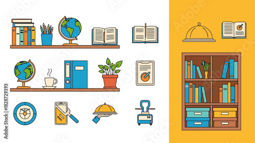 Educational and office supplies, business service icons vector set