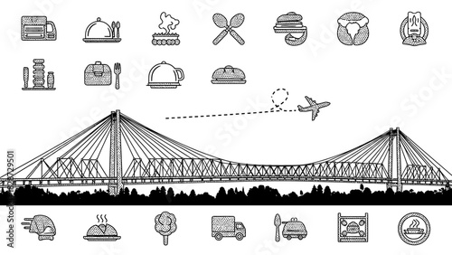 Global travel and cuisine concept with iconic suspension bridge