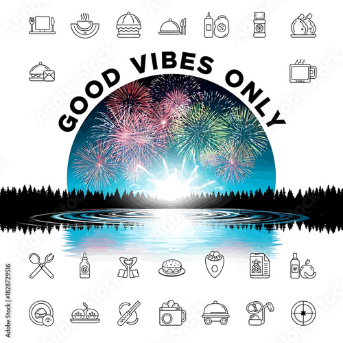 Good vibes fireworks celebration over lake with food icons design